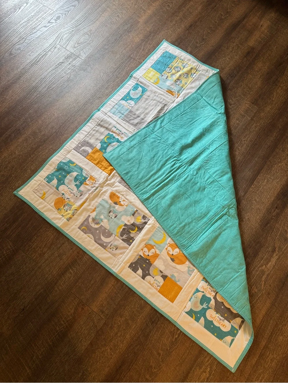Handmade Baby Quilt in Teal, Mustard & Gray 44” x 44”